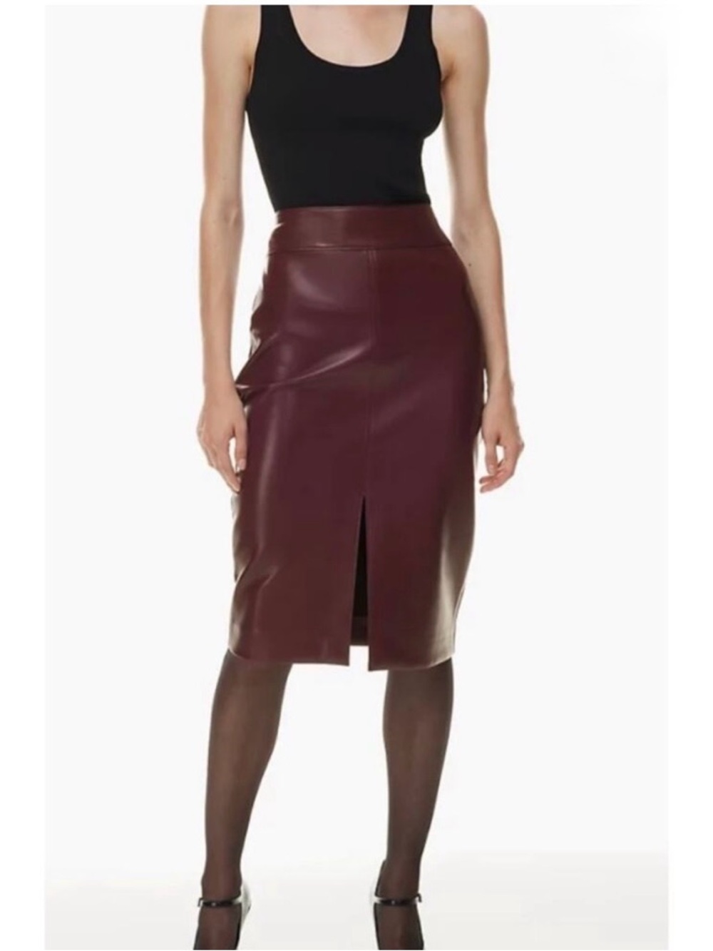 Babaton Burgundy Faux Leather Pencil Skirt with Front Slit